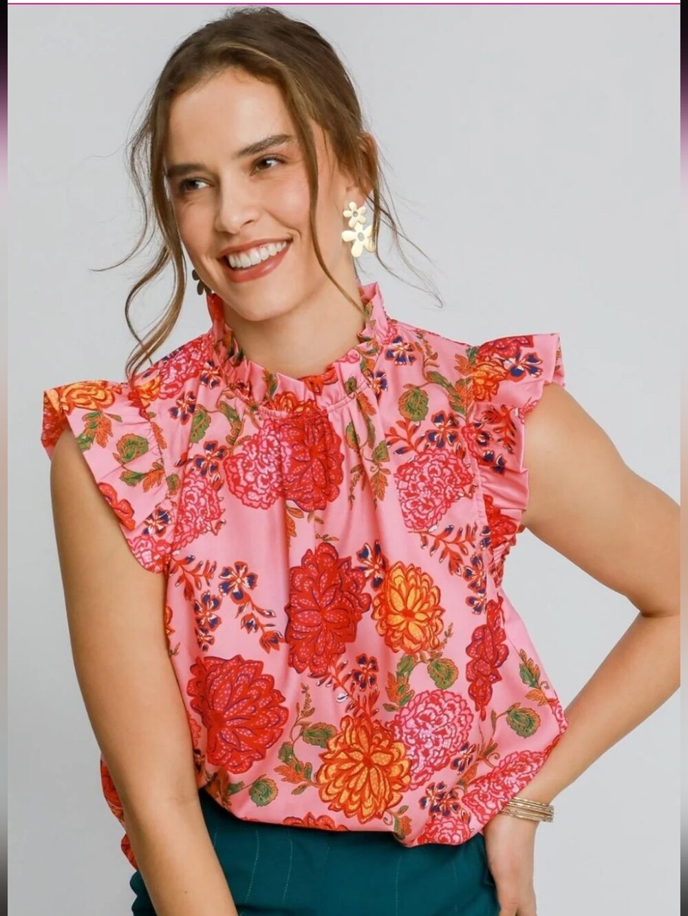 New Avara Umgee Floral Print Ruffled Cap Sleeve Blouse Large